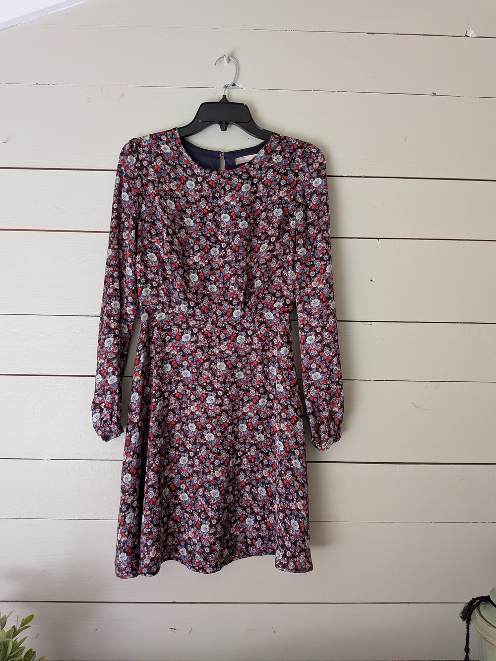 Forever 21 Satin Burgundy Floral Long-Sleeve A-Line Dress